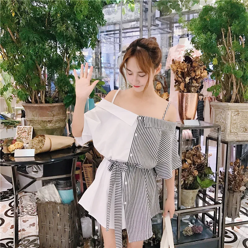 New Ins Women Summer Harajuku Korean Style Sexy Short Sleeve Slash Neck Strapless Shoulder Color Matching Mini Striped Dress
New Ins Women Summer Harajuku Korean Style Sexy Short Sleeve Slash Neck Strapless Shoulder Color Matching Mini Striped Dress