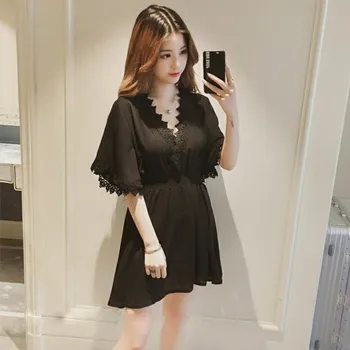 Women Summer Temperament Lace Stitching Deep V Solid Color Mid-length Short Sleeve Casual Dress solid color dress
Women Summer Temperament Lace Stitching Deep V Solid Color Mid-length Short Sleeve Casual Dress solid color dress