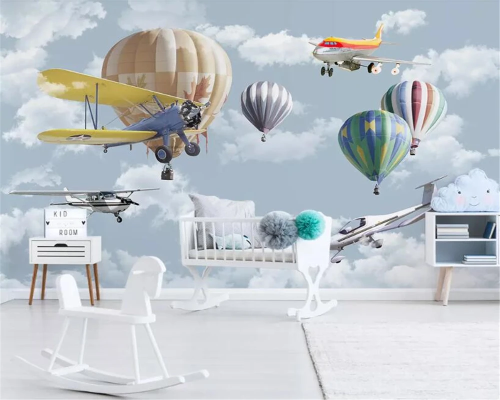 Обои на заказ ручная работа мультяшный самолет воздушный шар детская комната