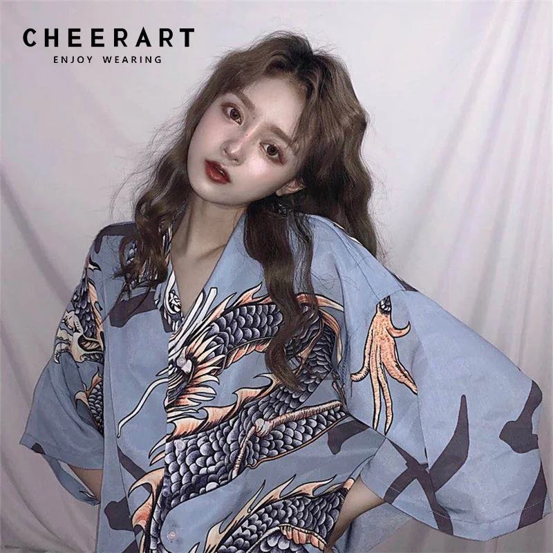 Cheerart Harajuku Japanese Long Kimono Blouse Women Summer Top V Neck Blue Loose Dragon Print Shirt 2018
Cheerart Harajuku Japanese Long Kimono Blouse Women Summer Top V Neck Blue Loose Dragon Print Shirt 2018