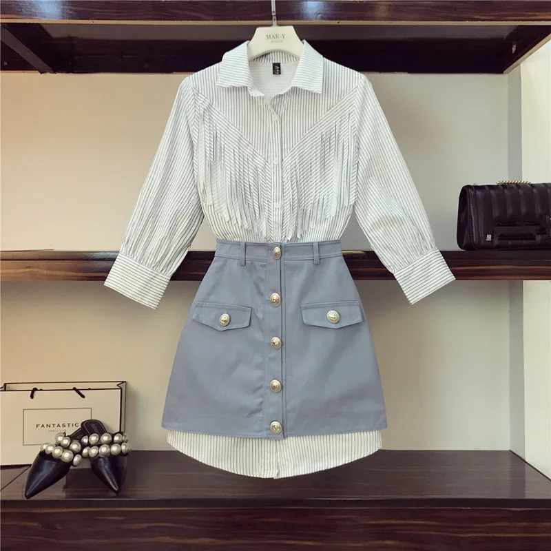2019 Autumn New Fashion Tassel Striped Shirt Dress and A-line Button Bodycon Mini Denim Skirt 2pcs Set Women
2019 Autumn New Fashion Tassel Striped Shirt Dress and A-line Button Bodycon Mini Denim Skirt 2pcs Set Women