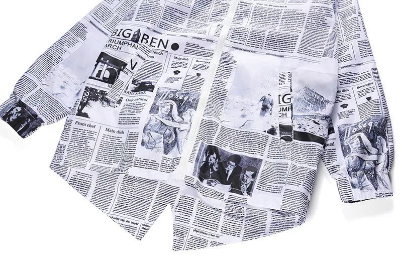 Mens Hooded Coats English Newspaper Printing Easy Long Fund Waterproof