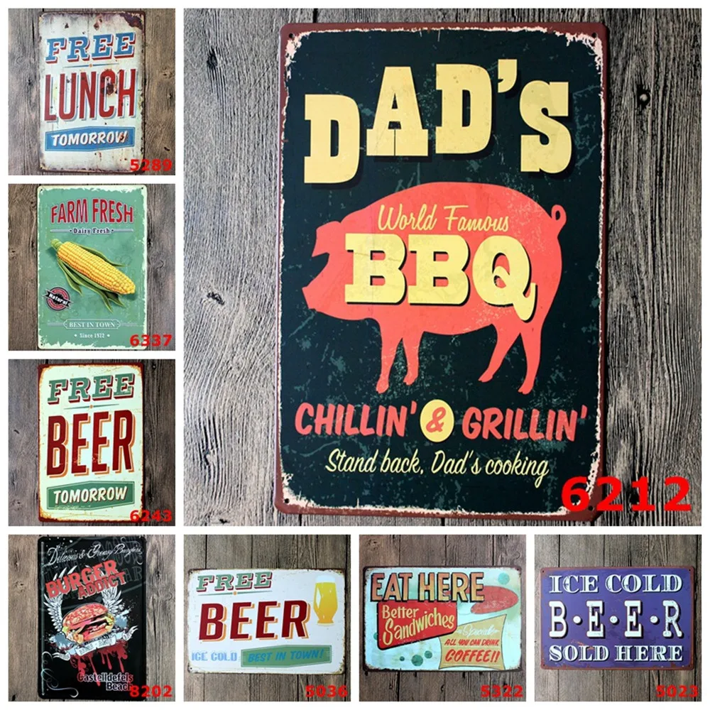 Image Vintage Burger Eat Coffee Drink Metal Tin Signs Wall Art Painting Iron Poster Plaque Retro Beer Wine Cheers Soup BBQ Plate