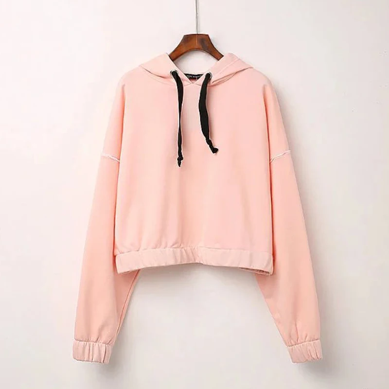 2017 Осень-Весна Женщины Толстовки в Шляпе Sweatershirt Сплошной Розовый Цвет С Длинным