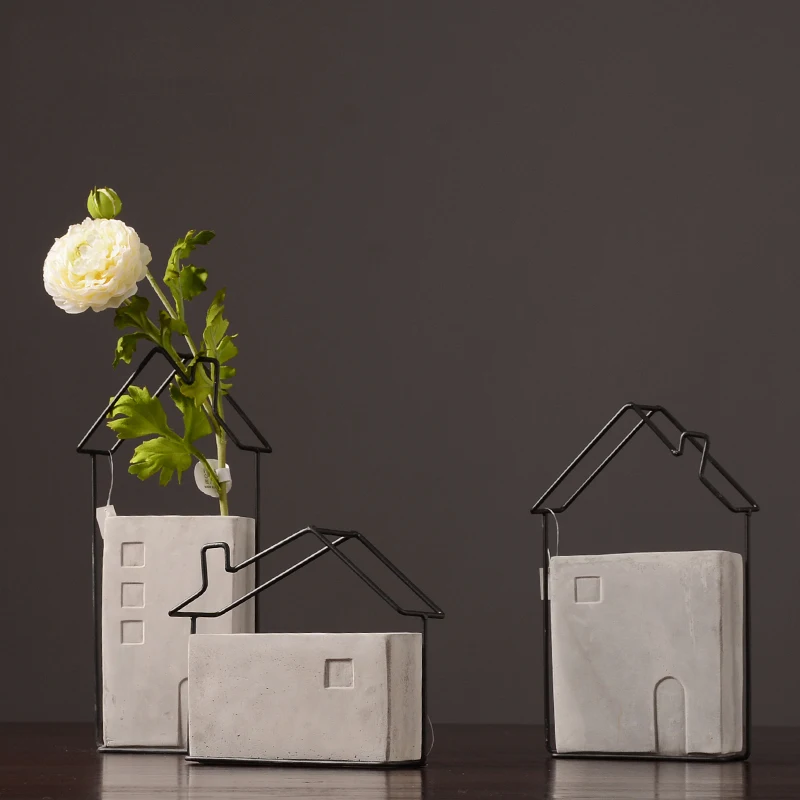 House shape desktop vase modern gray cement vase with metal iron frame home decor planter pot
House shape desktop vase modern gray cement vase with metal iron frame home decor planter pot