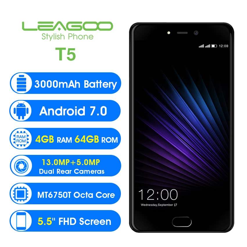 LEAGOO T5 5 ''FHD мобильного телефона Android 7 0 4 GB Оперативная память 64 Гб Встроенная