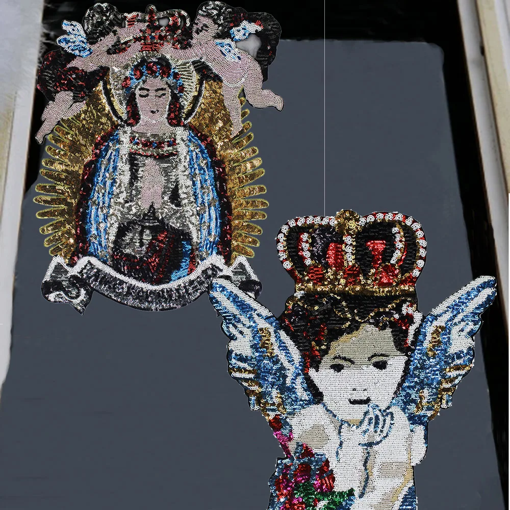 

1pc Large Sequined Patches Crown Mary Angel Wings Goddess Sew on T-shirt Garment Motif Appliques Accessories TH1078-5