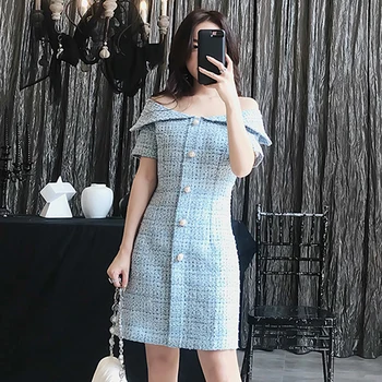 Blue tweed dress One-necked strapless sexy Short-sleeve 2020 spring / autumn women's dress ladies slim Retro one-piece dress
Blue tweed dress One-necked strapless sexy Short-sleeve 2020 spring / autumn women's dress ladies slim Retro one-piece dress