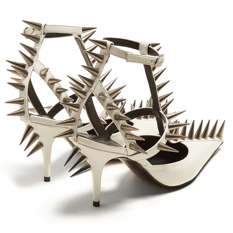 2018-Follwwith-Luxury-Brand-Spiked-Leather-T-Strap-Pumps-Black-White-Red-Sandals-Gladiator-High-Heels