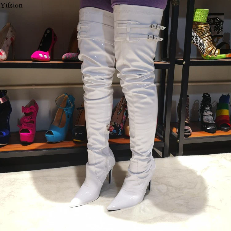 

Olomm New Women Shiny Over The Knee Boots Stiletto High Heels Boots Pointed Toe Gorgeous White Shoes Women Plus US Size 5-15