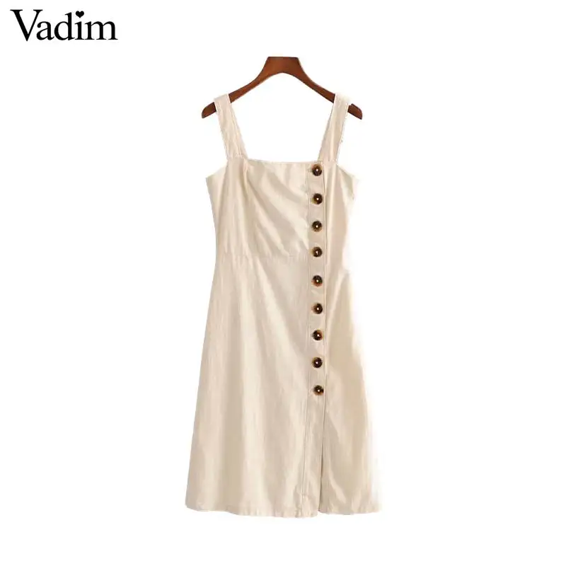 Vadim women elegant denim beige dress sleeveless backless buttons female stylish summer knee length solid dresses QC474
Vadim women elegant denim beige dress sleeveless backless buttons female stylish summer knee length solid dresses QC474