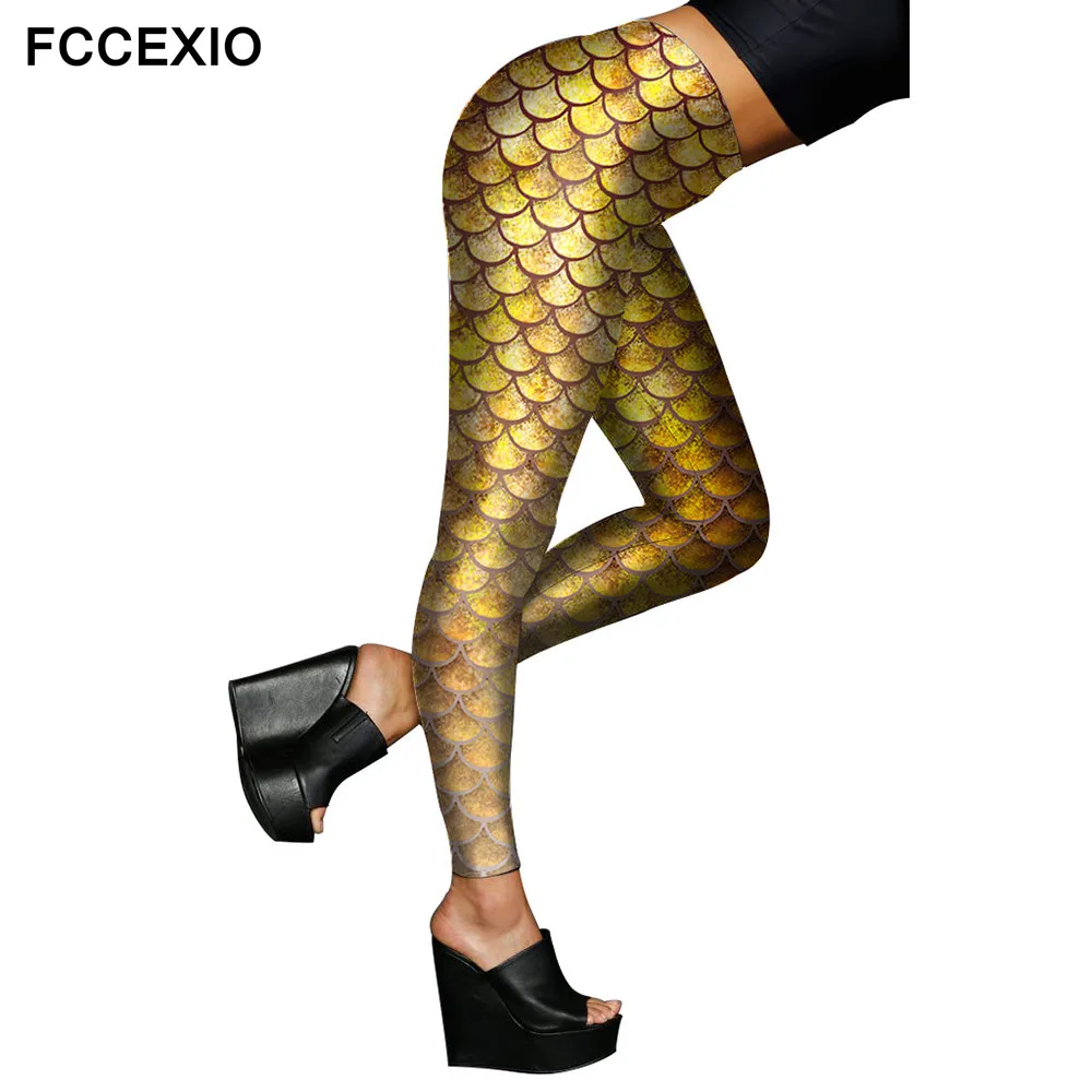 FCCEXIO Female Sexy Leggings 2019 New Shiny Mermaid Golden Fish Scale Digital Printed Stretch Smooth Fitness Jeggings | Женская одежда