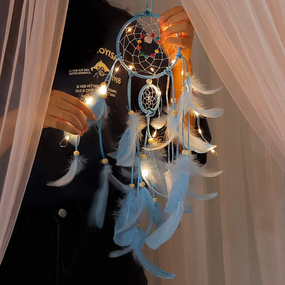 Фото 2 метра освещение Ловец снов подвесной DIY 20 светодиодный светильник перо ремесла