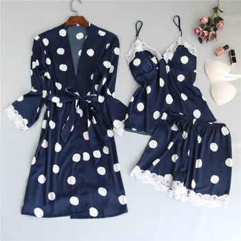 Nighties Women Pajamas Satin Sleepwear Pijama Silk Home Wear Lace Home Robe Chest Pads Polka Dot Pyjama Navy Blue 3 Pieces 
Nighties Women Pajamas Satin Sleepwear Pijama Silk Home Wear Lace Home Robe Chest Pads Polka Dot Pyjama Navy Blue 3 Pieces