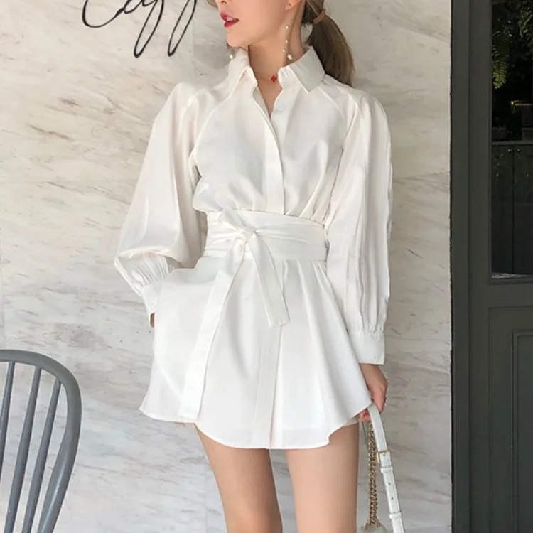 Women White Long Shirts Shorts Two Piece Sets Lantern Sleeve Belt Blouse + Mini Pant Suits 2019 Summer Fashion OL Clothing Set
Women White Long Shirts Shorts Two Piece Sets Lantern Sleeve Belt Blouse + Mini Pant Suits 2019 Summer Fashion OL Clothing Set