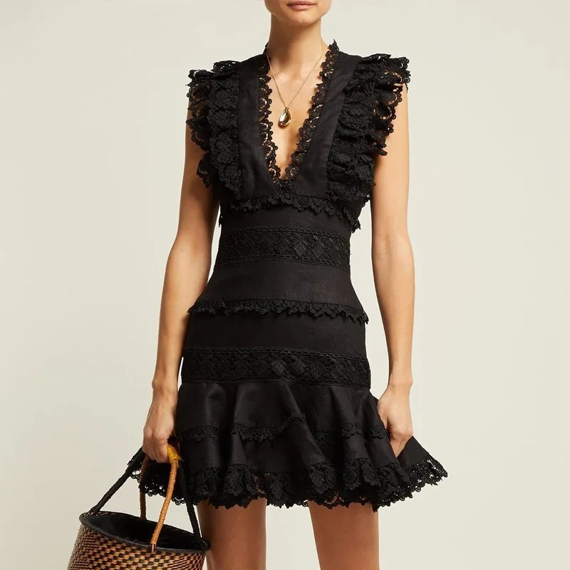 Summer Women Holiday Beach Short Dress 2019 Runway Black Sleeveless Patchwork Lace Dress Sexy Deep V Neck Bodycon Party Dress
Summer Women Holiday Beach Short Dress 2019 Runway Black Sleeveless Patchwork Lace Dress Sexy Deep V Neck Bodycon Party Dress