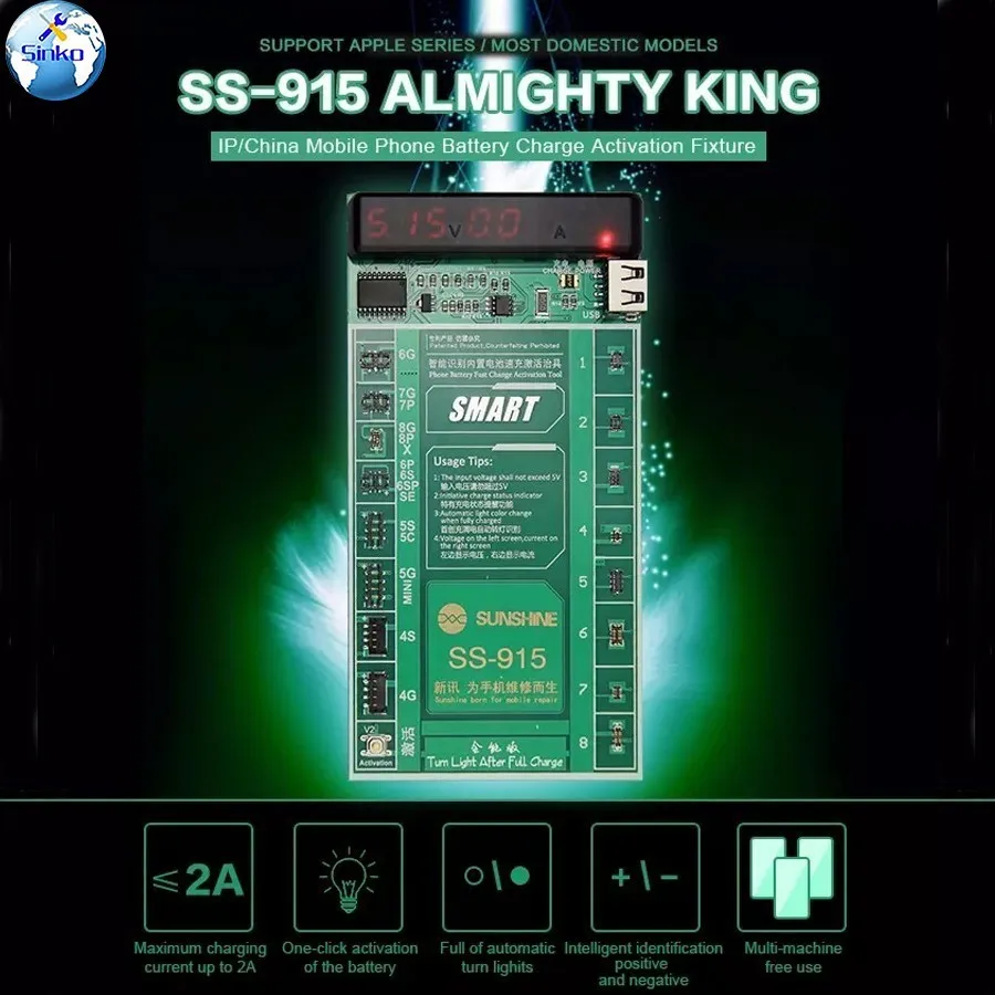 Sunshine SS-915 Universal Battery Activation Board Quick Charge PCB Tool With USB Cable For IPhone Samsung Android HUAWEI XIAOMI
Sunshine SS-915 Universal Battery Activation Board Quick Charge PCB Tool With USB Cable For IPhone Samsung Android HUAWEI XIAOMI