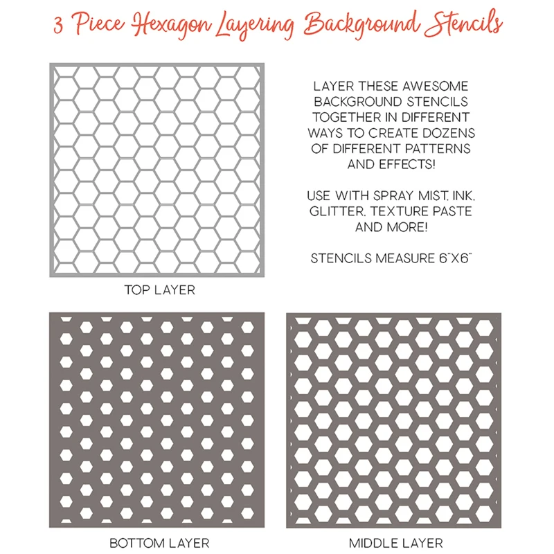 3pcs/Set Hexagon Layering Background Stencils for DIY Scrapbooking Decorative Paper Cards Crafts Plastic Templates Drawing Sheet
3pcs/Set Hexagon Layering Background Stencils for DIY Scrapbooking Decorative Paper Cards Crafts Plastic Templates Drawing Sheet