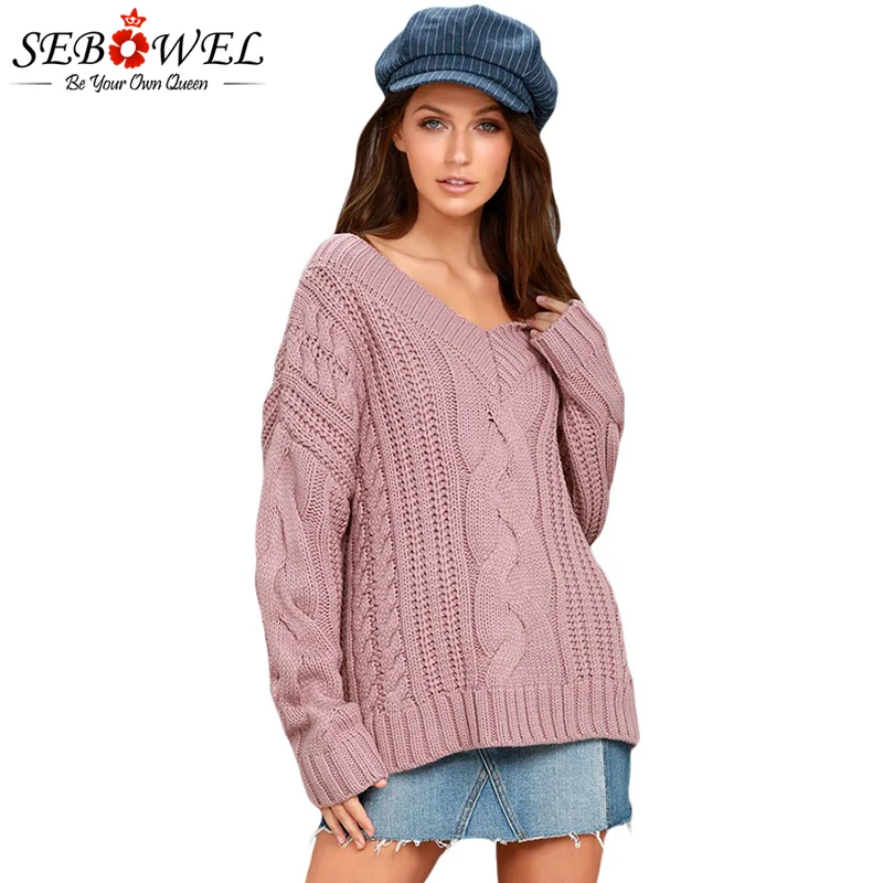 Pink-Cable-Knit-V-Neck-Sweater-LC27873-10-1