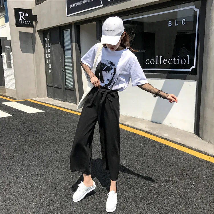 Plus Size - Casual Elastic Waist Loose Wide Leg Pants Preppy Style Trousers Female Palazzo Pants (Us 18W-20W)