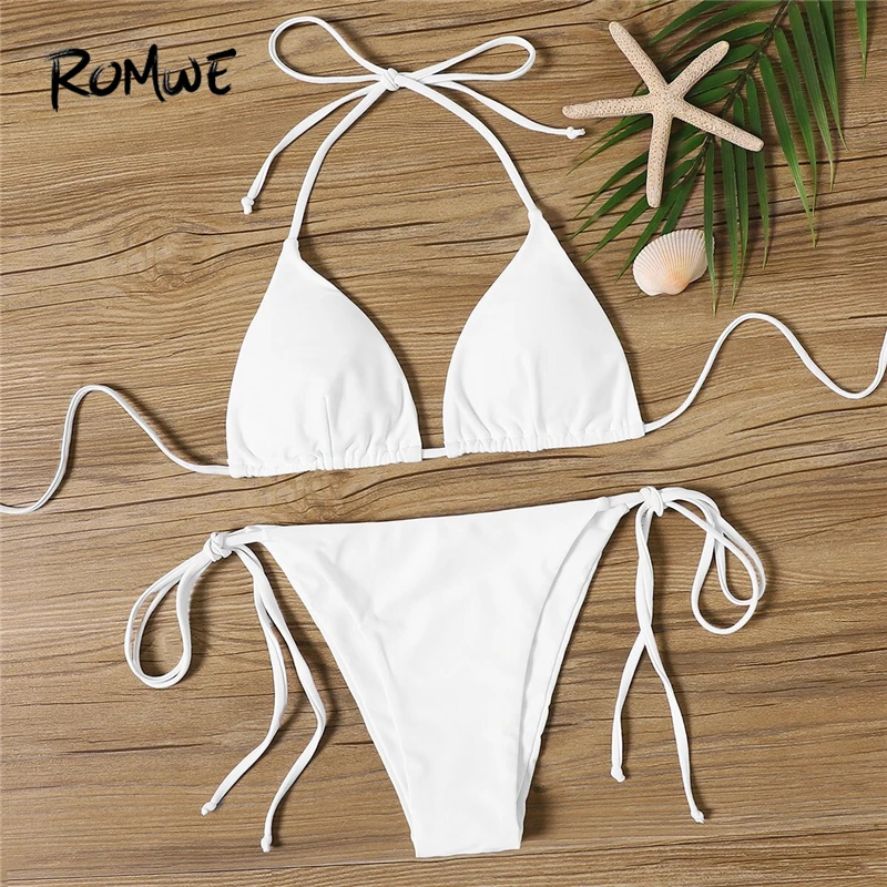 Romwe Sport Bikinis Set White SoildTriangle Top With Tie Side Tanga Bottoms Swimsuit Women Summer Low Rise Sexy Beach Swimwear
Romwe Sport Bikinis Set White SoildTriangle Top With Tie Side Tanga Bottoms Swimsuit Women Summer Low Rise Sexy Beach Swimwear