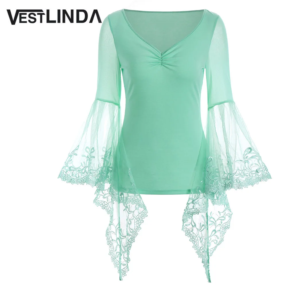 VESTLINDA Lace Flare Sleeve Sheer Panel Blusa Top Women Blouse Shirt Blusas Mujer 2017 Plus Size Women Clothing Summer Blouses 1