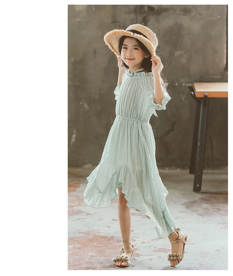 asymmetrical ruffles solid princess dresses girls baby kids chiffon dress short sleeve party dresses for big girls fashion 2018 (18)