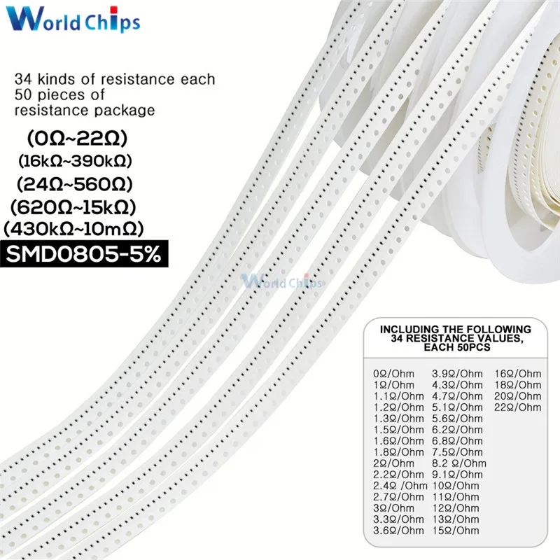 1700PCS/Lot 0805 SMD Resistor 0R -10M Ohm 5% 1/8W 0.25W Chip Resistance Fixed Resistor Assorted Kit 34 Values X 50pcs =1700pcs
1700PCS/Lot 0805 SMD Resistor 0R -10M Ohm 5% 1/8W 0.25W Chip Resistance Fixed Resistor Assorted Kit 34 Values X 50pcs =1700pcs
