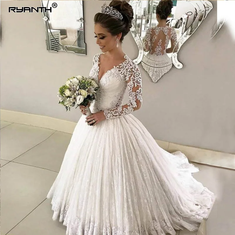 

Ryanth Vestido De Noiva Romantic Lace Wedding Dress Long Sleeves V Neck Bridal Gowns Illusion Back Robe De Mariee Bridal Dresses