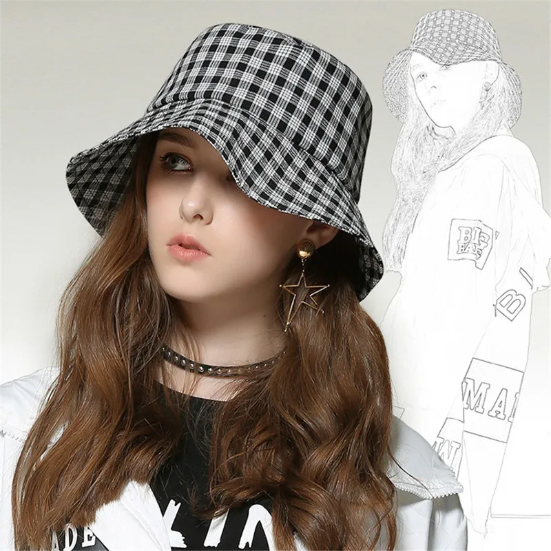 

eaLAB Women Bucket Hat Men Crushhat Fashion Plaid Male Bone Outdoor Sunhat Lovers Cap Cotton Fisherman Floppy Hat Fitted Caps