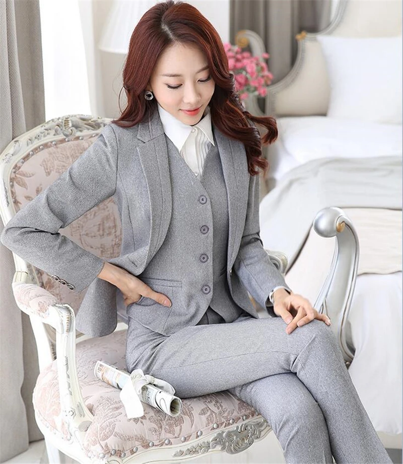 Image The New Grey Black Professional Formal Pantsuits for Business Women Suits OL Blazer and Pants