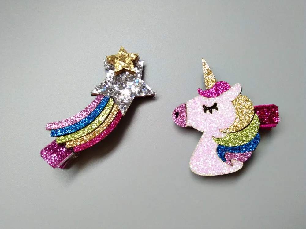 Boutique 10pcs Fashion Cute Glitter Unicorn Hairpins Solid Star Rainbow Hair Clips Princess Photography Drops Accessories |