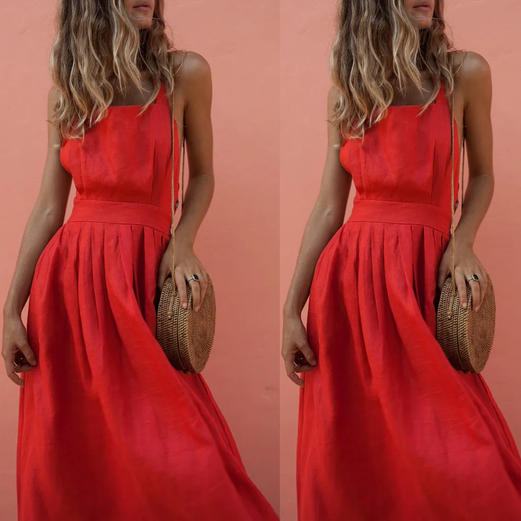 New Arrived Red Color Long Dress Women Sexy Sleeveless Strap With Splicing Button Waist Pleated Solid Color Dress robe femme #C
New Arrived Red Color Long Dress Women Sexy Sleeveless Strap With Splicing Button Waist Pleated Solid Color Dress robe femme #C