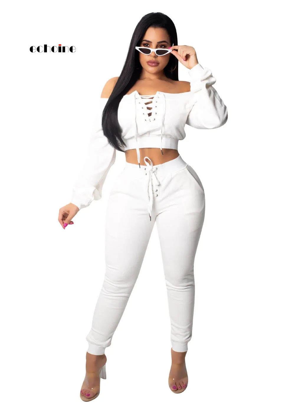 Echoine Women Two Piece Set Slash Neck Pure Grommet Lace up Crop Tops Long Sleeve Slim Pencil Pants Sport Casual Women's Suit
Echoine Women Two Piece Set Slash Neck Pure Grommet Lace up Crop Tops Long Sleeve Slim Pencil Pants Sport Casual Women's Suit