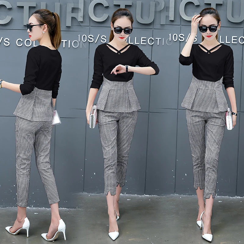 Autumn suit Korean fashion new women blouse top slim pants two-piece office lady outfit patchwork grid clothing set costume
Autumn suit Korean fashion new women blouse top slim pants two-piece office lady outfit patchwork grid clothing set costume