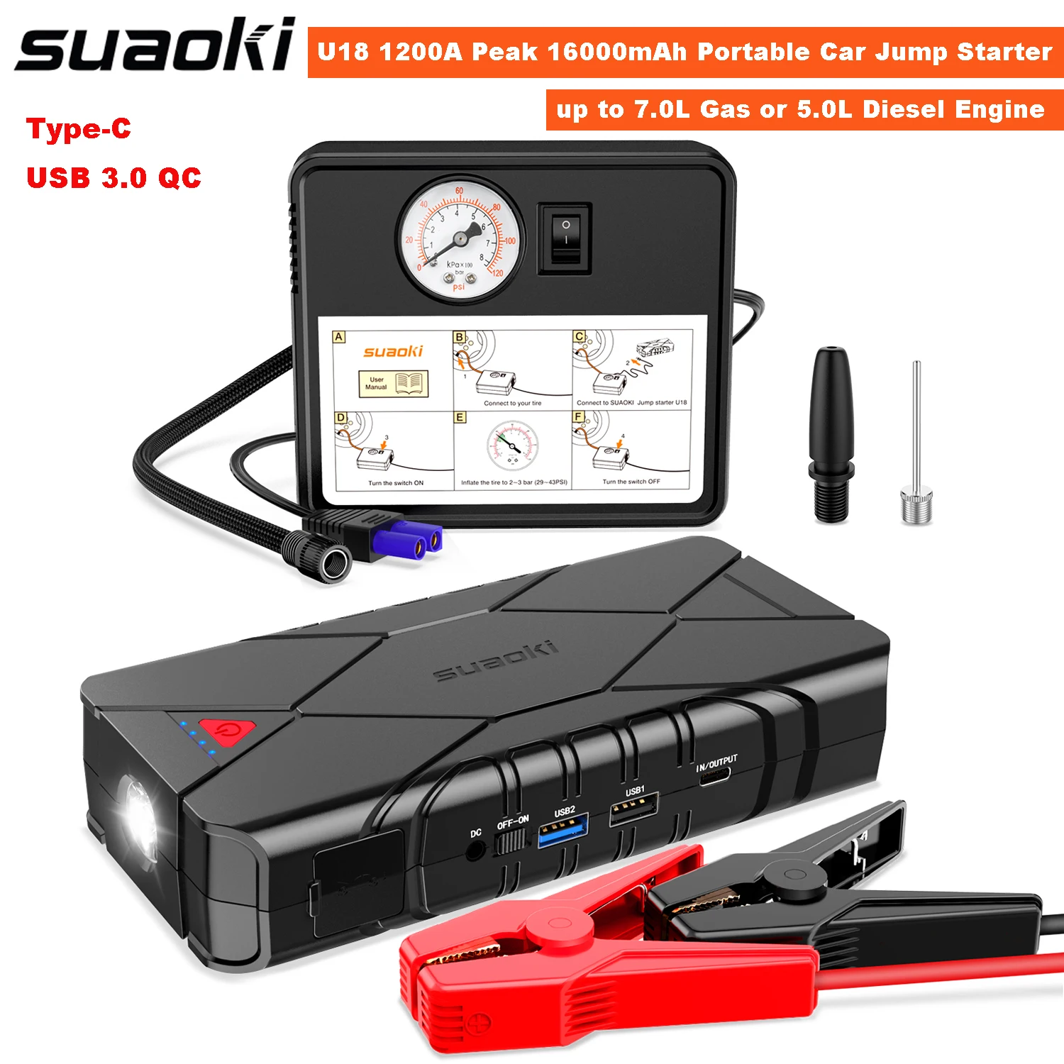 SUAOKI U18 1200A Peak 16000mAh Portable Car Jump Starter (up to 7.0L Gas or 5L Diesel) Type-C QC 3.0 Charger with Air Compressor
SUAOKI U18 1200A Peak 16000mAh Portable Car Jump Starter (up to 7.0L Gas or 5L Diesel) Type-C QC 3.0 Charger with Air Compressor