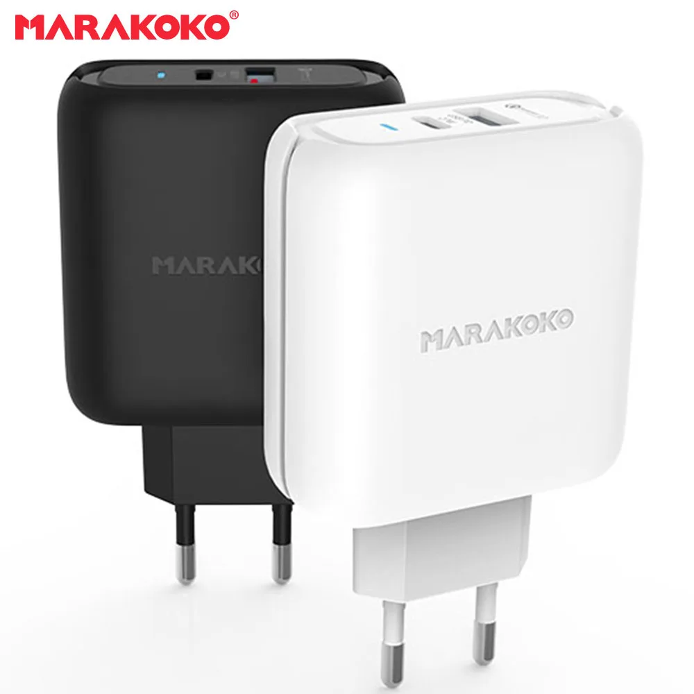 Marakoko MA27 USB-C PD3.0 Type-C and Quick Charger 3.0 USB Charger 2-Port Travel charger 42W Output EU Plug 
Marakoko MA27 USB-C PD3.0 Type-C and Quick Charger 3.0 USB Charger 2-Port Travel charger 42W Output EU Plug