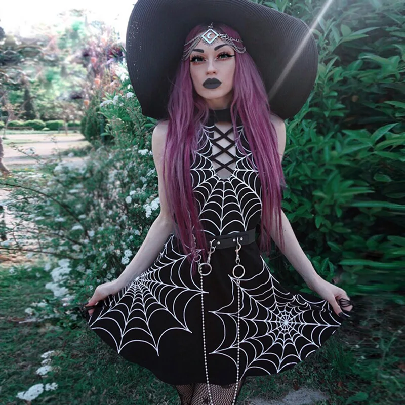 NCLAGEN 2019 Gothic Dark Style Spiderweb Print Halter A Line Mini Dress Girls Criss Cross Hollow Out High Waist Club Outfits
NCLAGEN 2019 Gothic Dark Style Spiderweb Print Halter A Line Mini Dress Girls Criss Cross Hollow Out High Waist Club Outfits