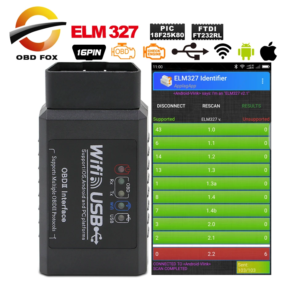 ELM327 Wifi USB Scanner Real V2.1 FTDI + PIC18F25K80 OBDII Car Diagnostic Scanner Android/IOS/PC OBD2 All Protocols scan
ELM327 Wifi USB Scanner Real V2.1 FTDI + PIC18F25K80 OBDII Car Diagnostic Scanner Android/IOS/PC OBD2 All Protocols scan