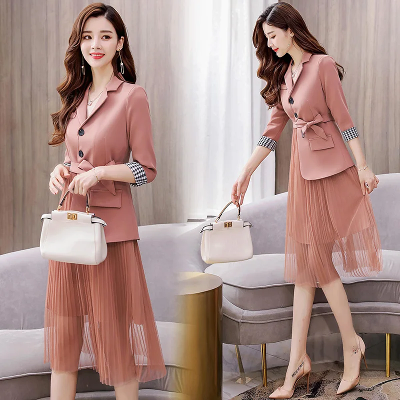 YASUGUOJI New 2019 Spring Fashion Slim Blazer with Mesh Pleated Patchwork Dresses Women Pure Color Elegant Dress with Belt
YASUGUOJI New 2019 Spring Fashion Slim Blazer with Mesh Pleated Patchwork Dresses Women Pure Color Elegant Dress with Belt
