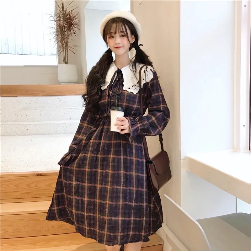 Japanese Harajuku Women Lolita Style Dress Peter Pan Collar Plaid Vintage Mujer Vestidos Lace Sweet Cute Kawaii Party Long Dress
Japanese Harajuku Women Lolita Style Dress Peter Pan Collar Plaid Vintage Mujer Vestidos Lace Sweet Cute Kawaii Party Long Dress