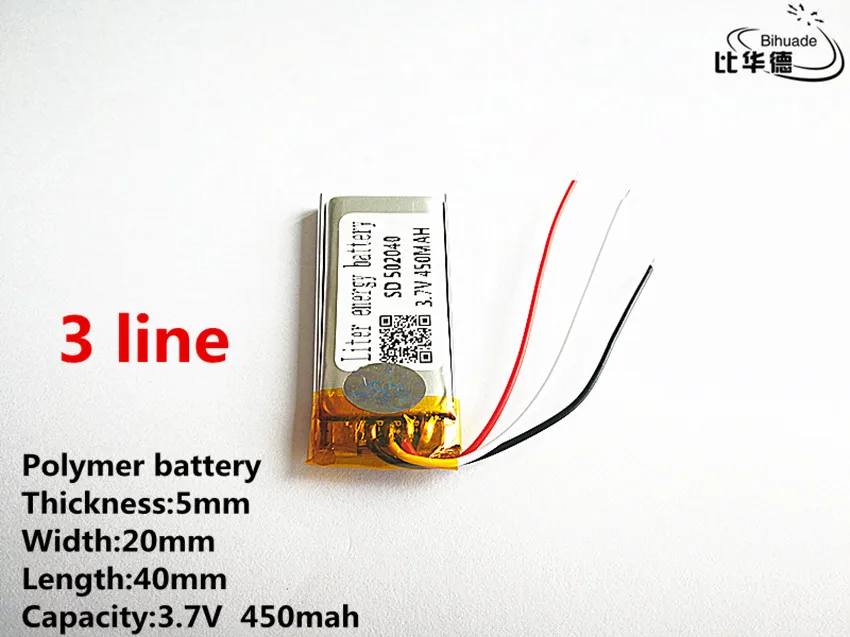 10pcs/lot 3 line Good Qulity 3.7V,450mAH,502040 Polymer lithium ion / Li-ion battery for TOY,POWER BANK,GPS,mp3,mp4
10pcs/lot 3 line Good Qulity 3.7V,450mAH,502040 Polymer lithium ion / Li-ion battery for TOY,POWER BANK,GPS,mp3,mp4