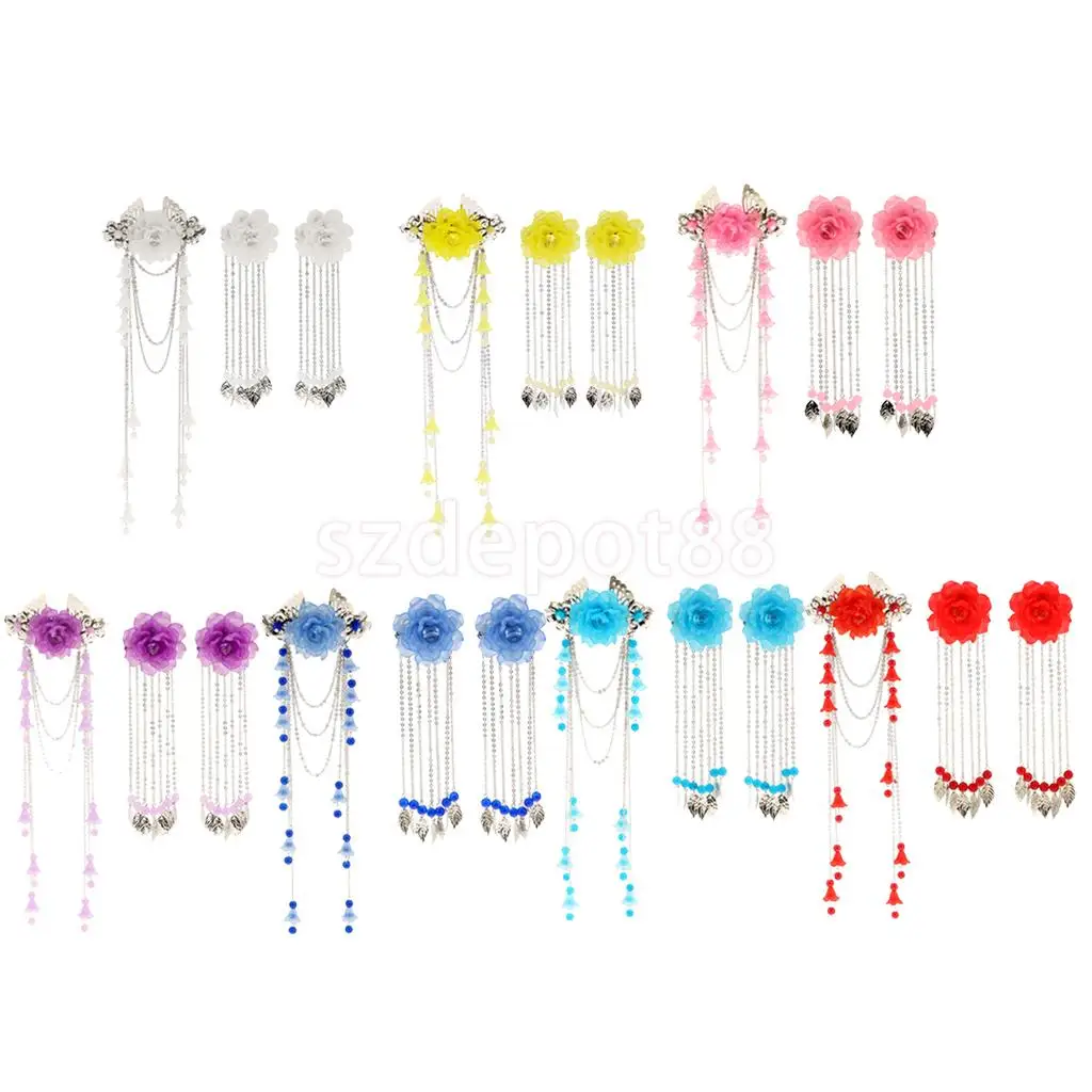 3 Pieces Costume Classic Flower Hair Clip Tassel Hair Barrette for Hanfu COS Hair Ornaments