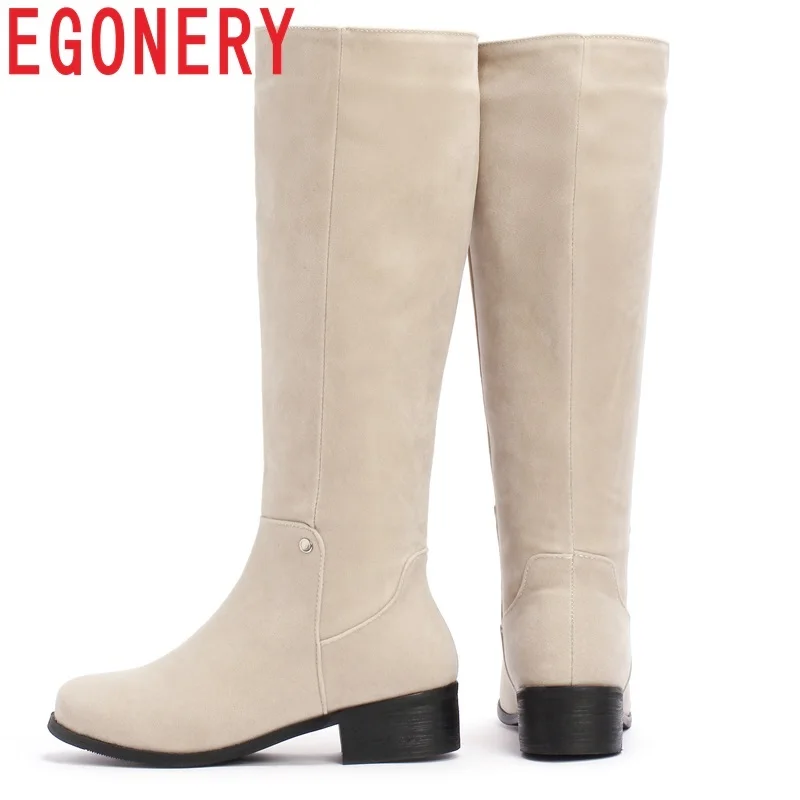 

EGONERY winter new concise casual med hoof heels flock women shoes round toe zip black and apricot outside warm knee high boots
