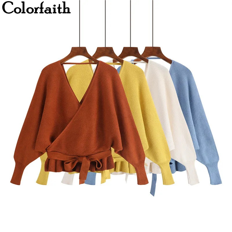 Colorfaith Women Pullovers Sweater 2019 Knitting Autumn Winter Fashion Sexy V-Neck Backless Lace Up Casual Ladies Tops SW1009 | Женская