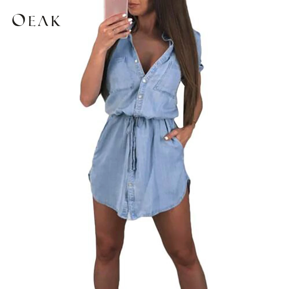 OEAK 2019 Women's Short Sleeve Denim Mini Dress Ladies Button V Neck Summer Dress Female Solid Short Sleeve Slim Fit Dress
OEAK 2019 Women's Short Sleeve Denim Mini Dress Ladies Button V Neck Summer Dress Female Solid Short Sleeve Slim Fit Dress