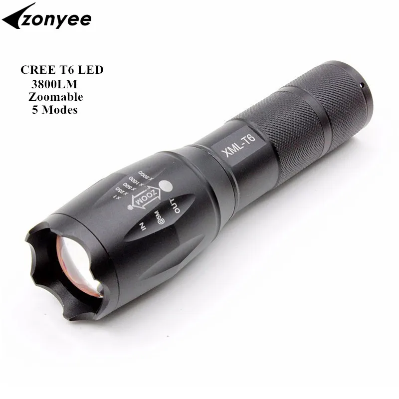 

Zonyee E17 XML T6 Torch 3800LM Aluminum Zoomable CREE LED Hunting Flashlight Light Linternas for 18650 Rechargeable Battery/AAA