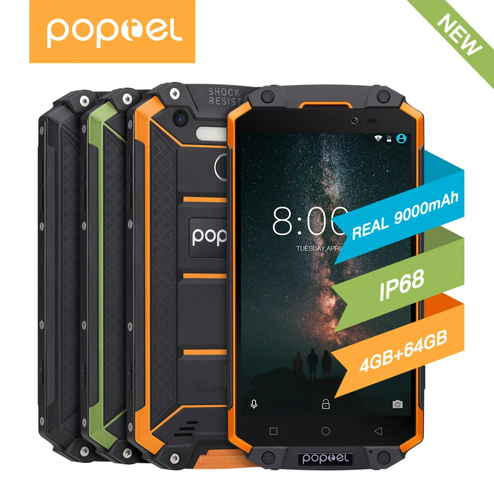 POPTEL P9000 Max 4 Гб 64 IP68 водонепроницаемый ударопрочный смартфон 9000 мАч 5 "FHD MT6750V