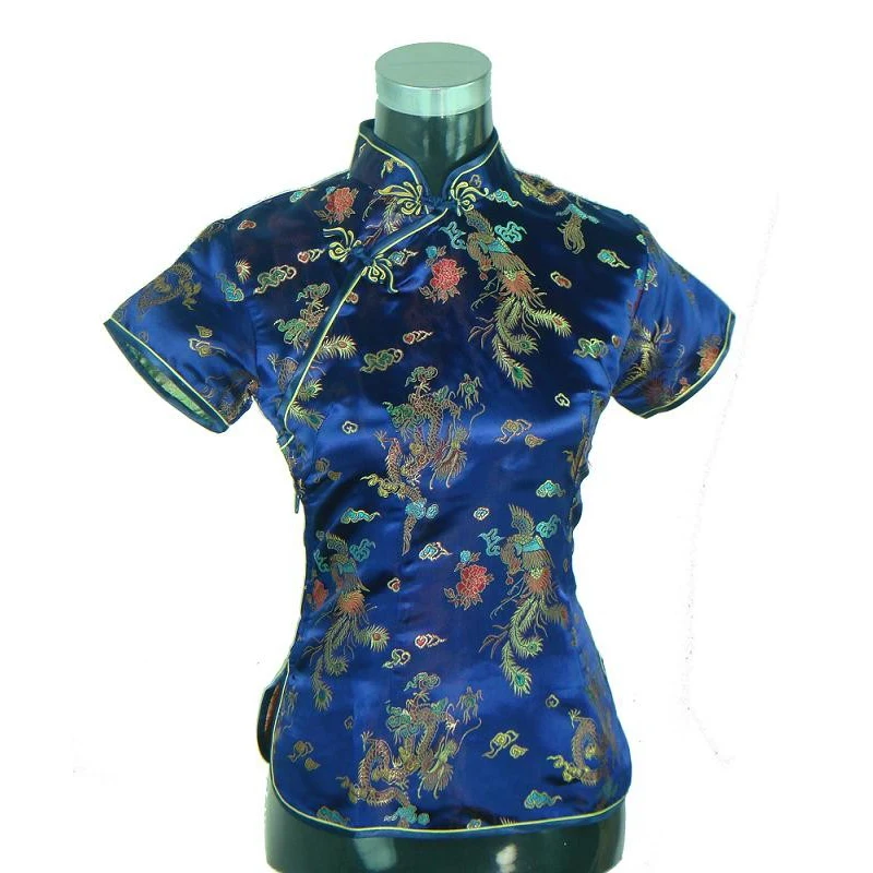 New Style Navy Blue Lady Satin Blouse Vintage Short Sleeve Shirt Chinese Women Traditional Summer Clothing S M L XL XXL 021101 | Женская