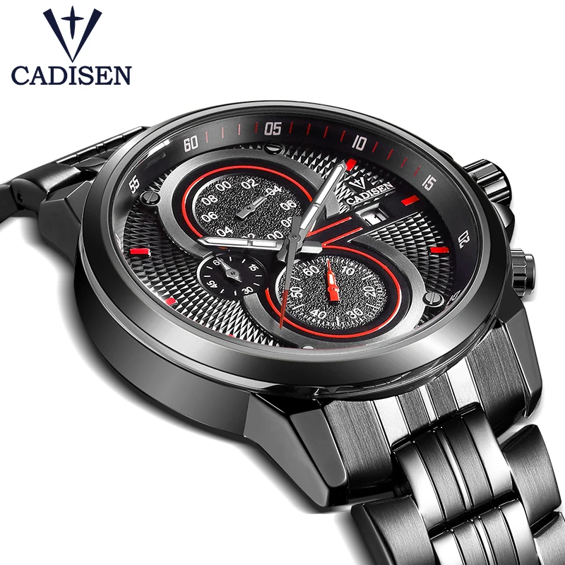 

CADISEN Man Quartz Wristwatches Black Alloy Case Watch Auto date Chronograph watches Man Fashion Casual 6 Analog watch 3 Dial